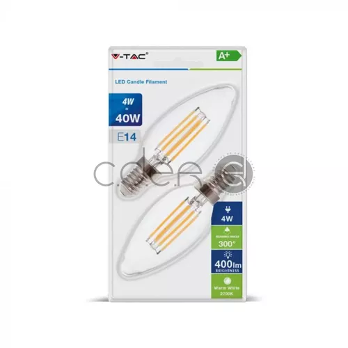 Bec LED - 4W Filament E14 Lumânare Sticlă clară Alb Cald 2buc/Blister | V-TAC