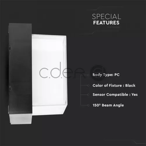 12W Lampă LED de perete Neagră Pătrată 3000K | V-TAC