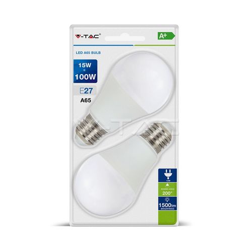 Bec LED - 15W E27 A60 Termoplastic Alb cald 2buc/blister | V-TAC