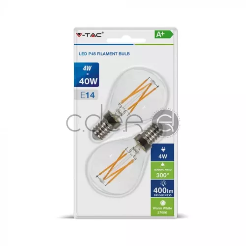 Bec LED - 4W Filament cruce E14 P45 Sticlă clară Alb Cald 2buc/Blister | V-TAC